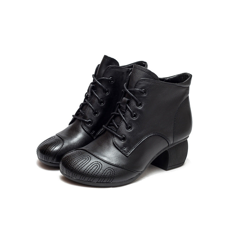 Women Retro Soft Leather Chunky Heel Ankle Boots Newgew Shoes