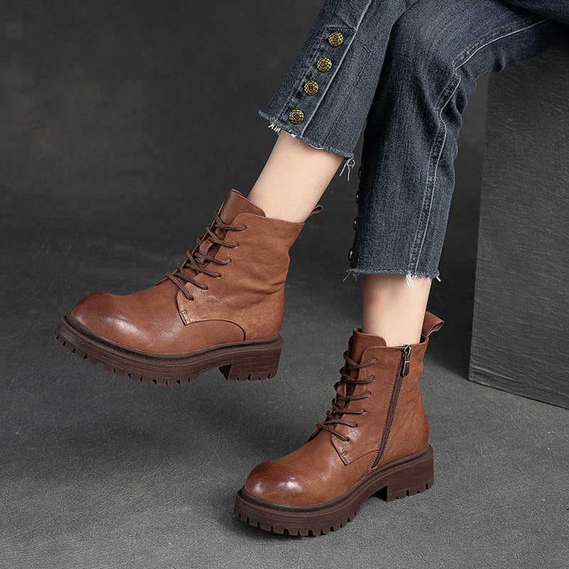 Women Retro Patchwork Leather Handmade Casual Boots Newgew Shoes