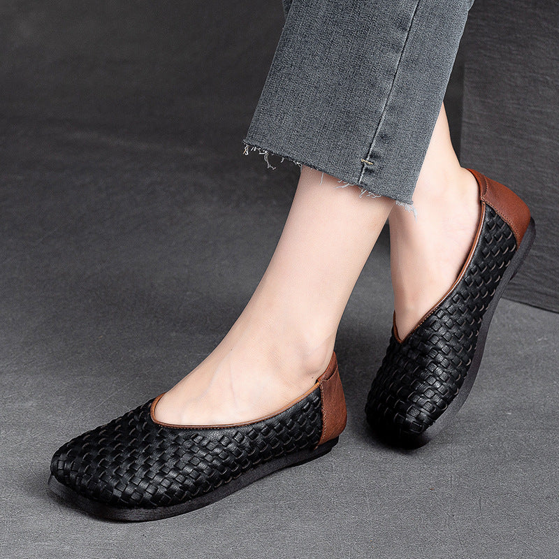 Women Retro Plaited Leather Patchwork Flats Newgew Shoes