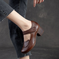 Women Retro Leather Velcro Chunky Heels Pumps Newgew Shoes