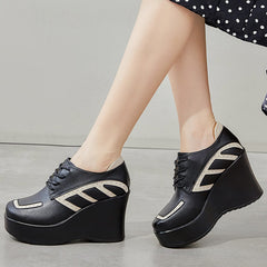 Women Cowhide Color Matching Thick Wedge Casual Shoes Newgew Shoes