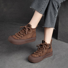 Women Retro Solid Leather Flat Casual Boots Newgew Shoes