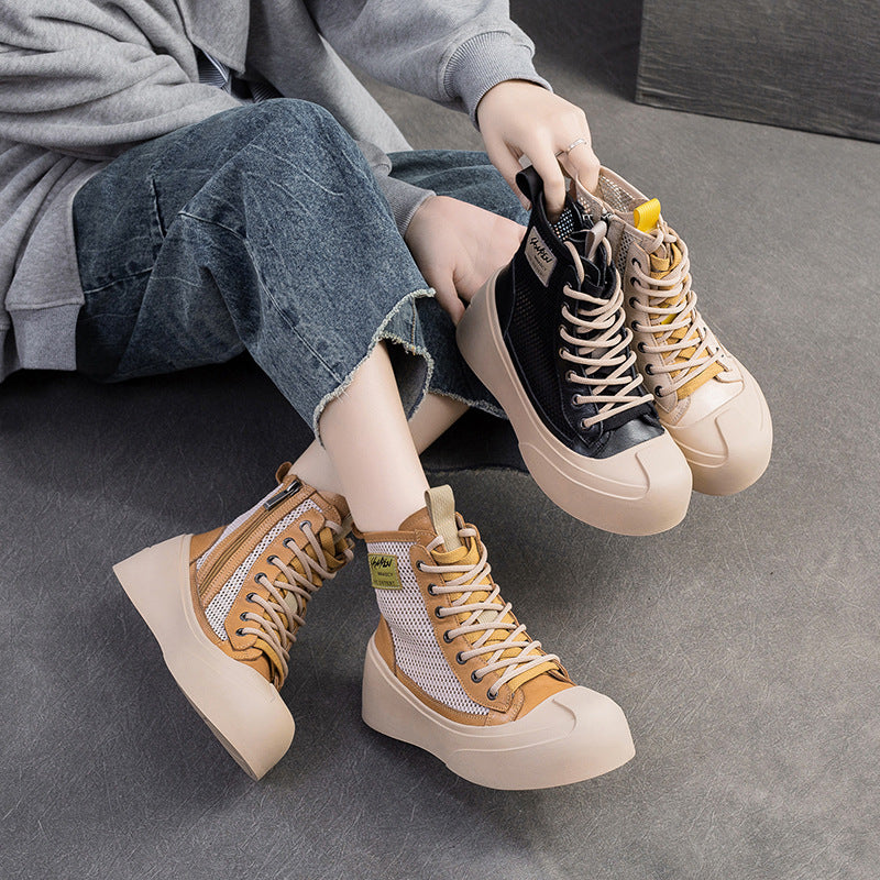 Women Breathable Mesh Leather Casual Platform Boots Newgew Shoes