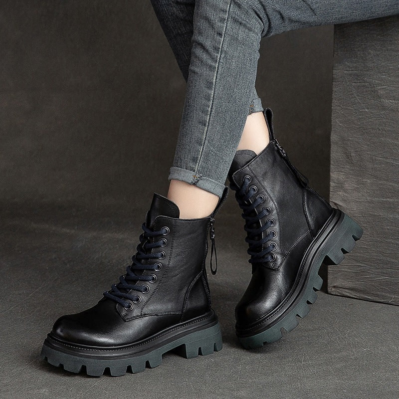 Women Retro Soft Leather Lug Sole Combat Boots Newgew Shoes