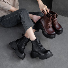 Women Retro Minimalist Leather Chunky Platform Boots Newgew Shoes