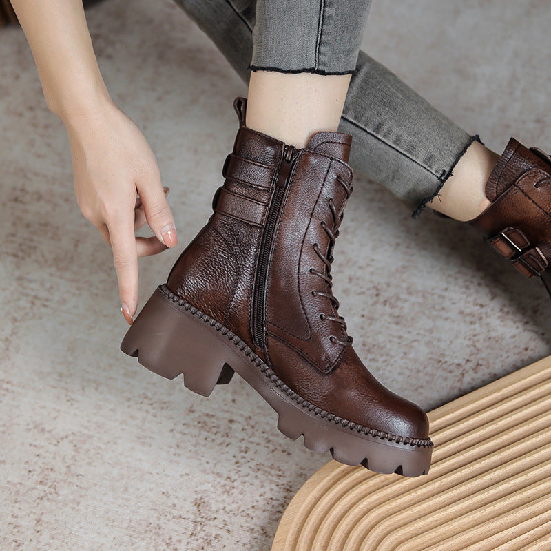 Women Retro Leather Buckles Wedge Boots Newgew Shoes