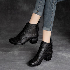 Women Casual Hollow Leather Chunky Heel Boots Newgew Shoes