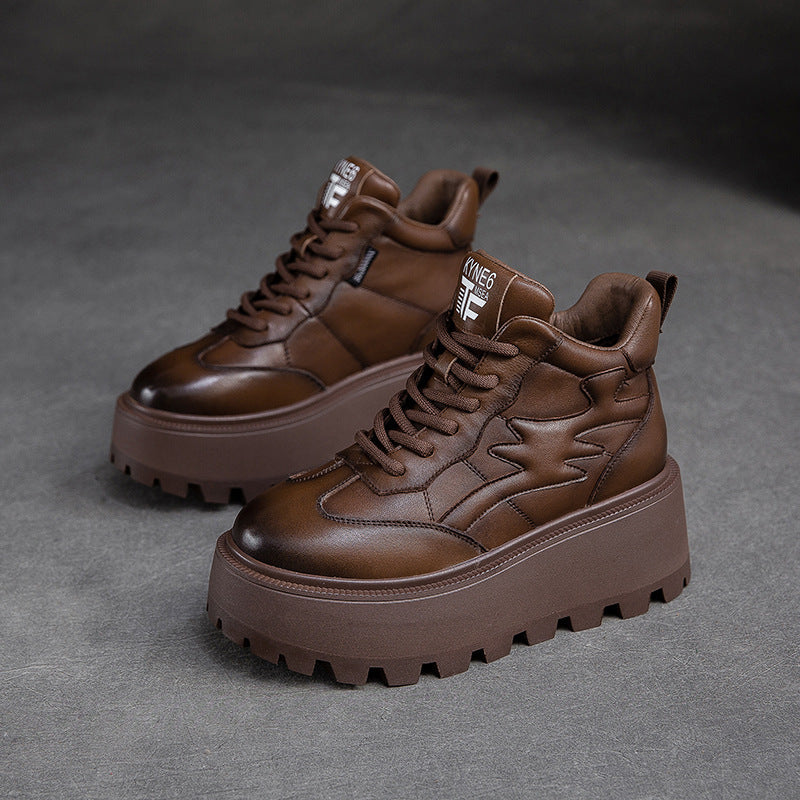 Women Minimalist Cowhide Chunky Platform Casual Shoes Newgew Shoes