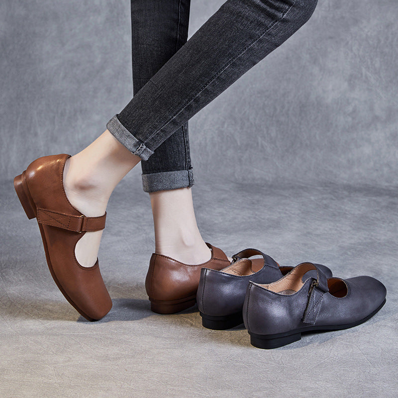 Women Retro Square Head Leather Casual Shoes Newgew Shoes