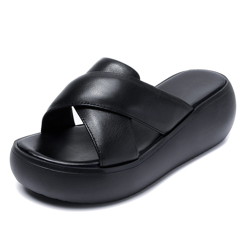 Women Leather Summer Casual Platform Slide Sandals Newgew Shoes