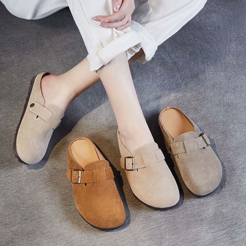 Women Retro Suede Leather Flat Casual Mules Newgew Shoes