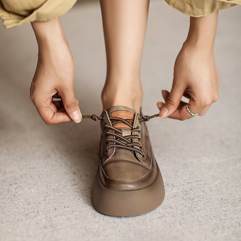 Women Retro Leather Flat Thick Soled Casual Shoes Newgew Shoes