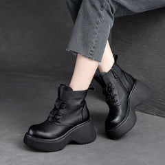 Women Retro Minimalist Leather Chunky Platform Boots Newgew Shoes