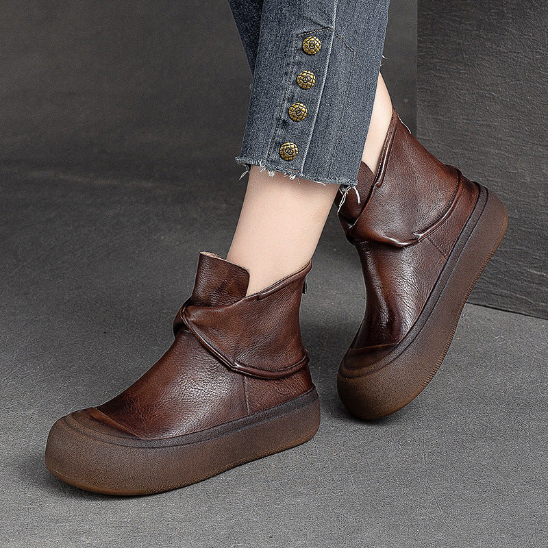 Women Retro Leather Thick Soled Ankle Boots Newgew Shoes