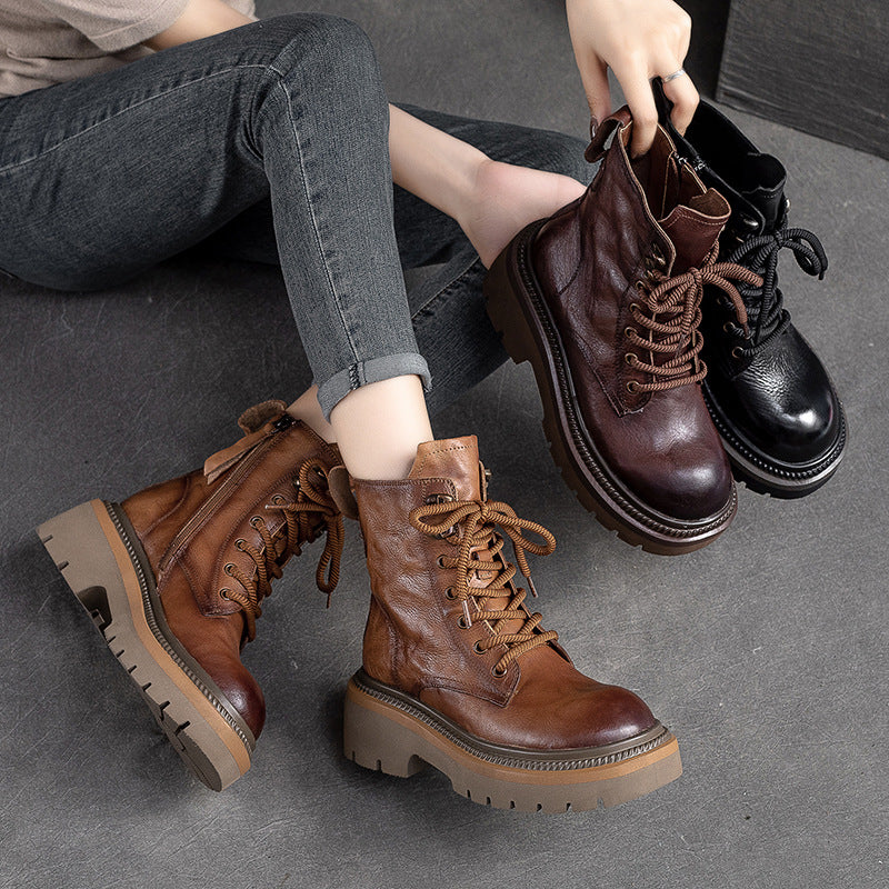 Women Classic Leather Thick Soled Combat Boots Newgew Shoes