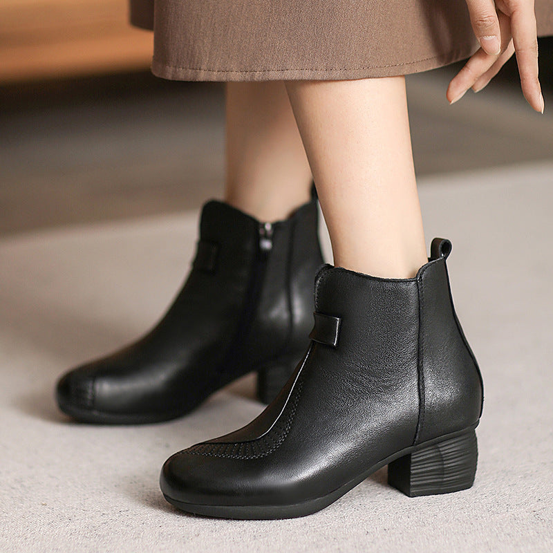 Women Casual Vintage Leather Chunky Heel Ankle Boots Newgew Shoes