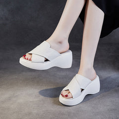 Women Minimalist Leather Chunky Wedge Slide Sandals Newgew Shoes