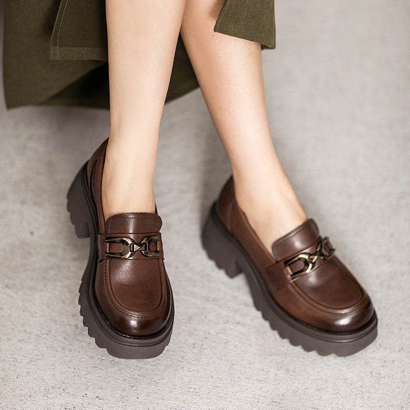 Women Retro Leather Chunky Sole Casual Loafers Newgew Shoes