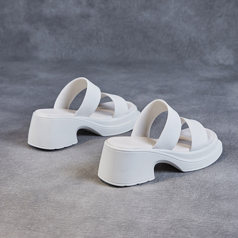 Women Retro Solid Soft Leather Chunky Lug Sole Slides Newgew Shoes