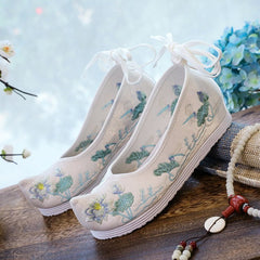 Women's Elevated Embroidered Antique Cloth Warped Head Ancient Costume Bow Canvas Shoes Newgew