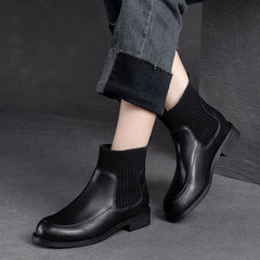 Women Retro Leather Patchwork Ankle Sock Boots Newgew Shoes