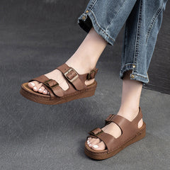 Women Retro Leather Flat Casual Buckle Sandals Newgew Shoes