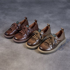 Women Retro Hollow Leather Flat Casual Shoes Newgew Shoes