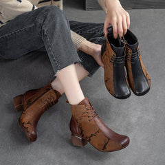 Women Retro Patchwork Handmade Chunky Heel Boots Newgew Shoes