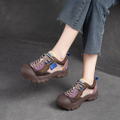 Women Color Matching Leather Thick Soled Casual Shoes Newgew Shoes