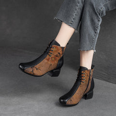 Women Retro Patchwork Handmade Chunky Heel Boots Newgew Shoes