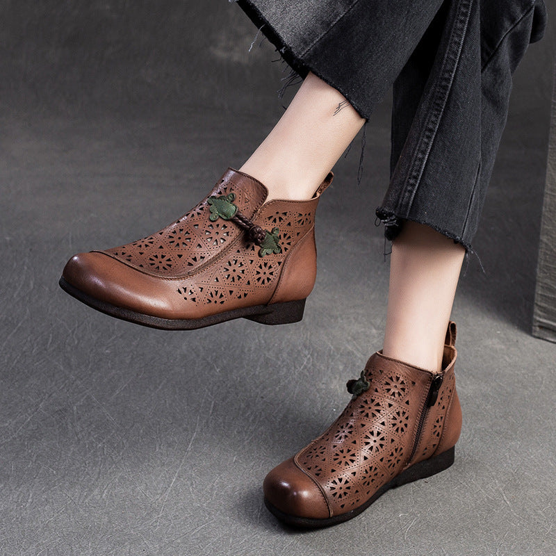 Women Retro Minimalist Hollow Leather Flat Ankle Boots Newgew Shoes