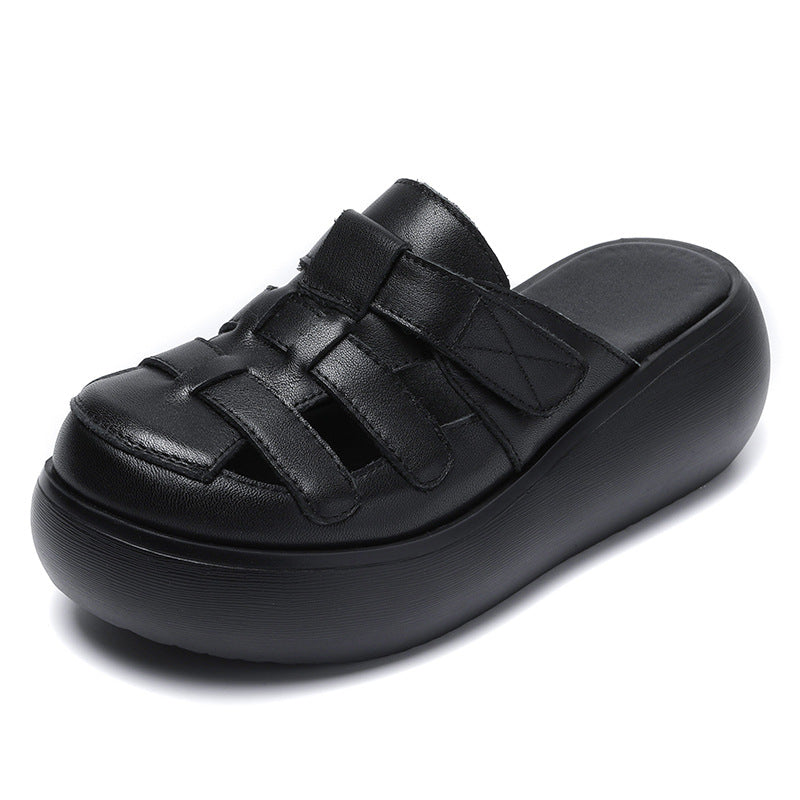 Women Retro Hollow Plaited Leather Wedge Slides Newgew Shoes