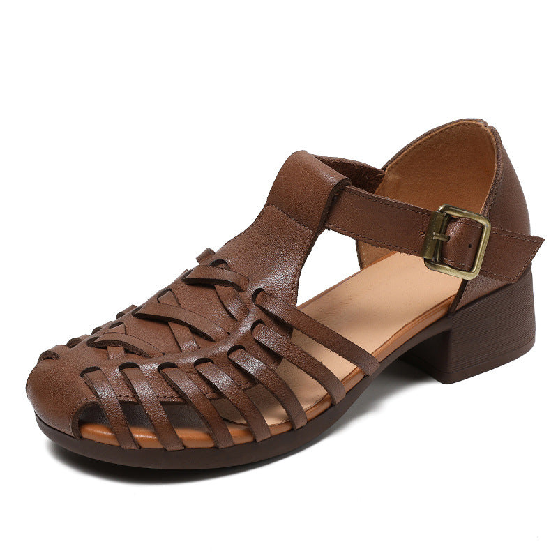 Women Retro Plaited Leather Summer Low Block Sandals Newgew Shoes