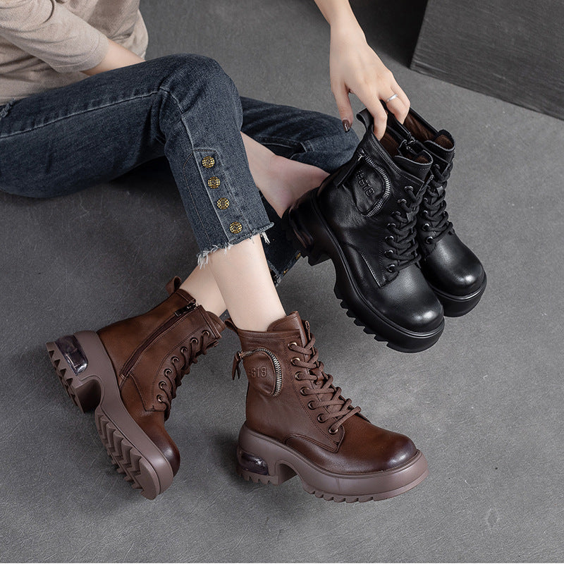 Women Retro Patchwork Leather Chunky Cushion Soled Boots Newgew Shoes