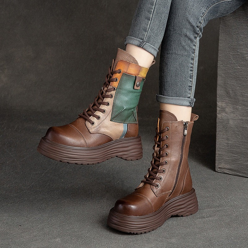 Women Retro Patchwork Leather Platform Combat Boots Newgew Shoes