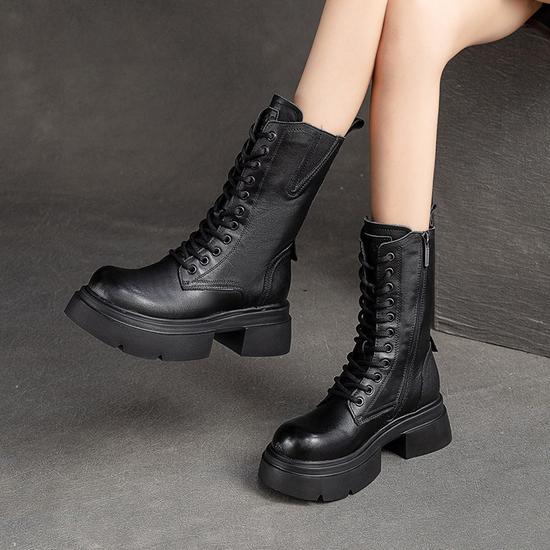 Women Retro Leather Chunky Platform Mid Calf Boots Newgew Shoes