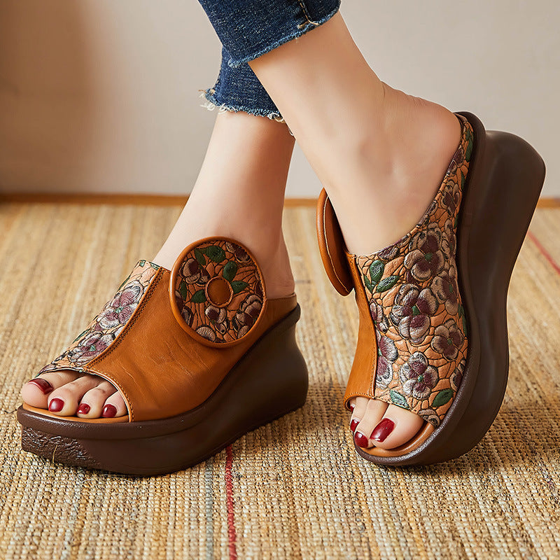 Women Retro Patchwork Cowhide Wedge Slides Newgew Shoes