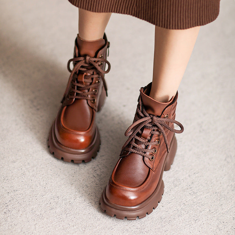 Women Retro Leather Chunky Platform Boots Newgew Shoes