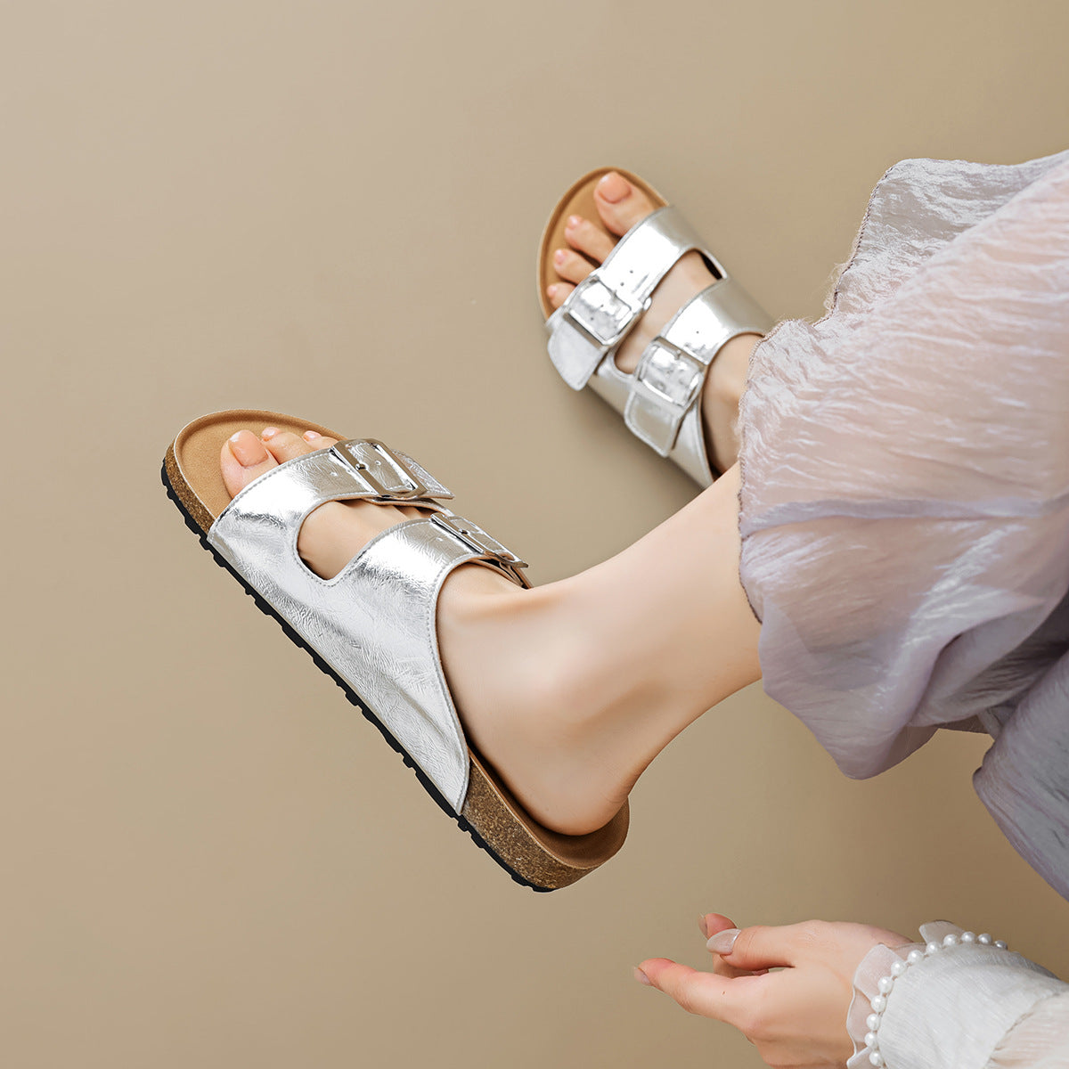 Women Soft Leather Summer Buckle Slides Sandals Newgew Shoes