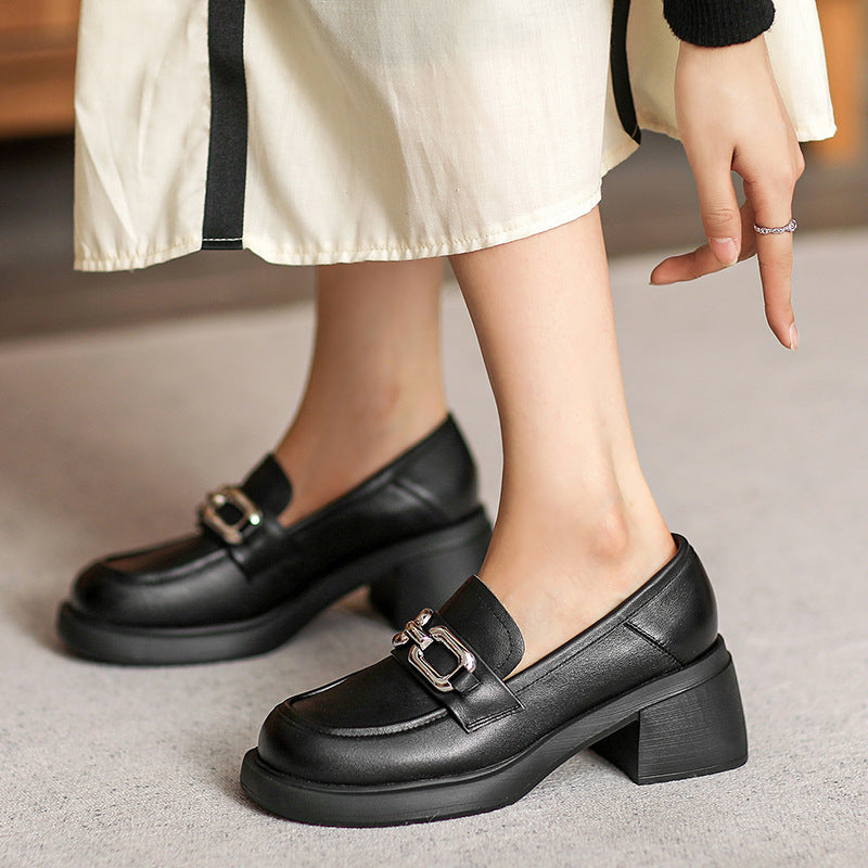 Women Retro Chain Leather Chunky Heel JK Loafers Newgew Shoes