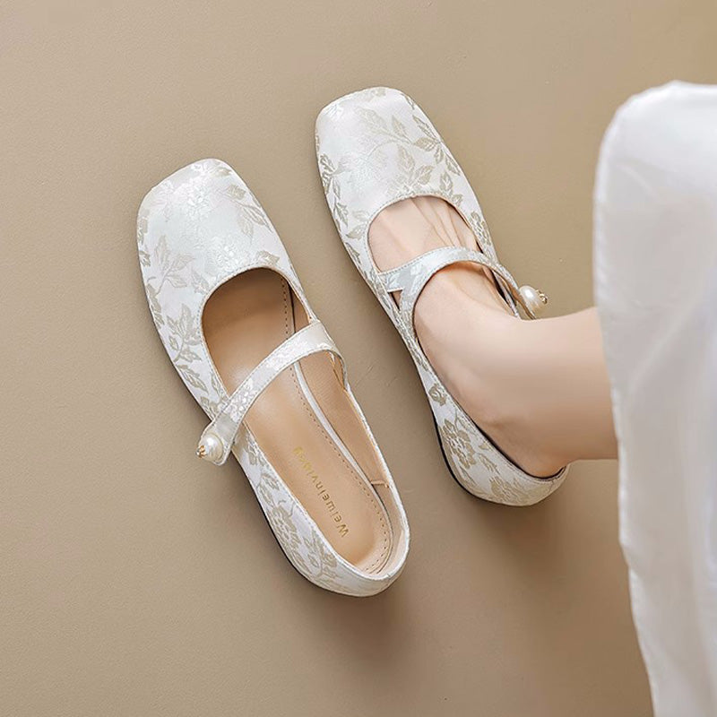 Women Retro Jacquard Low Block Mary Jane Shoes Newgew Shoes