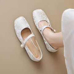 Women Retro Jacquard Low Block Mary Jane Shoes Newgew Shoes