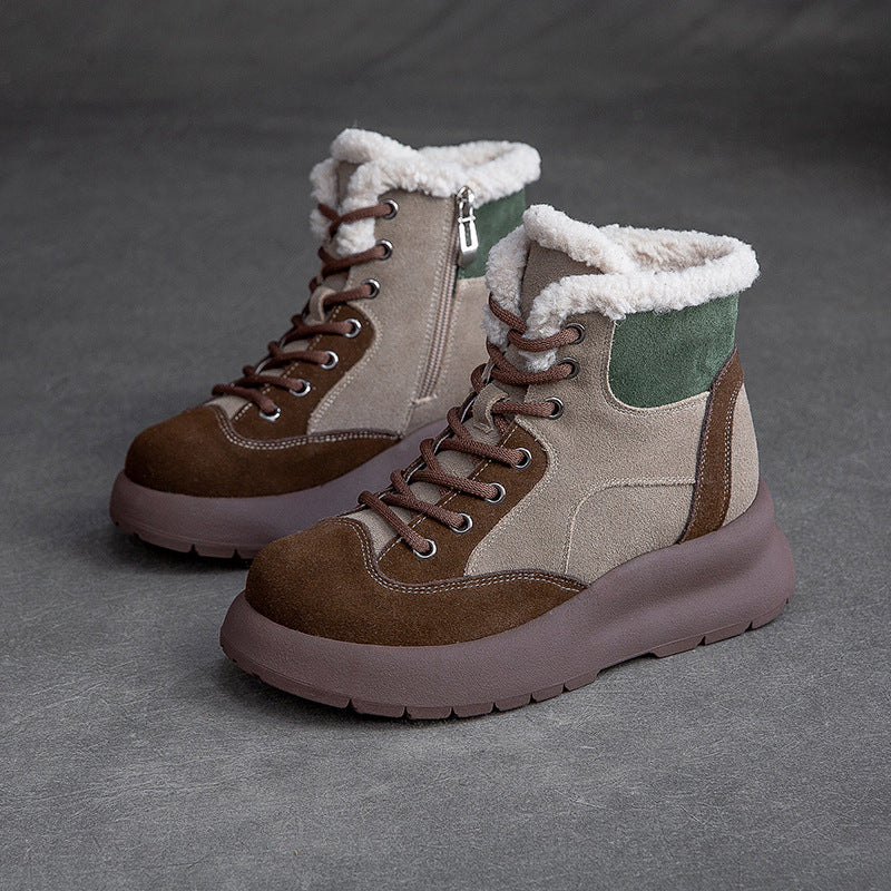 Women Retro Patchwork Leather Furred Snow Boots Newgew Shoes