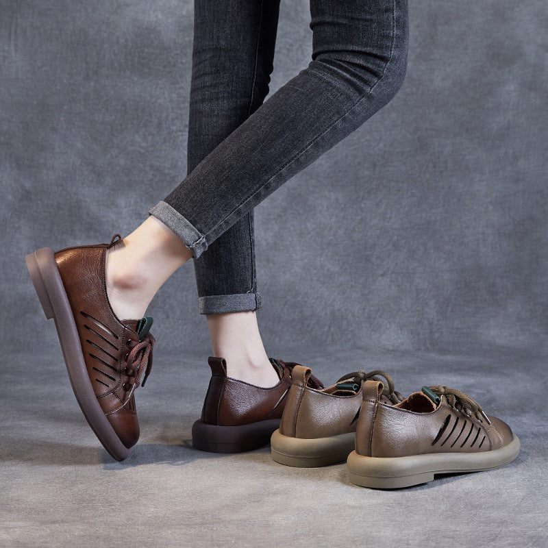 Women Retro Hollow Leather Flat Casual Shoes Newgew Shoes