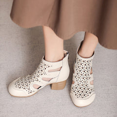 Women Retro Hollow Leather High Top Bootie Sandals Newgew Shoes