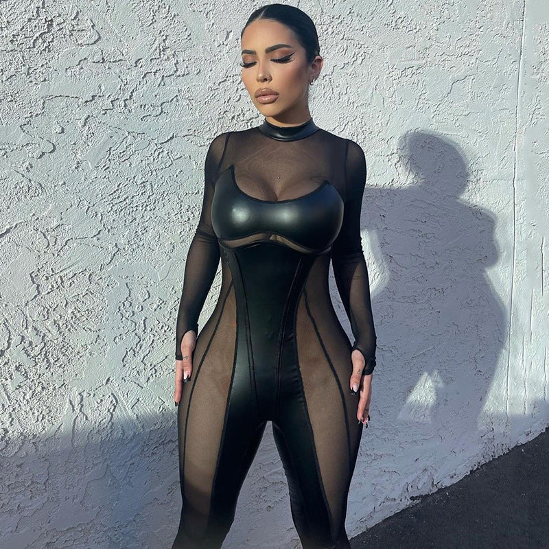 One Piece Long Sleeve Mesh Bodycon Jumpsuit Newgew