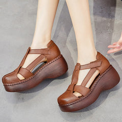 Women Retro Soft Plaited Leather Wedge Sandals Newgew Shoes