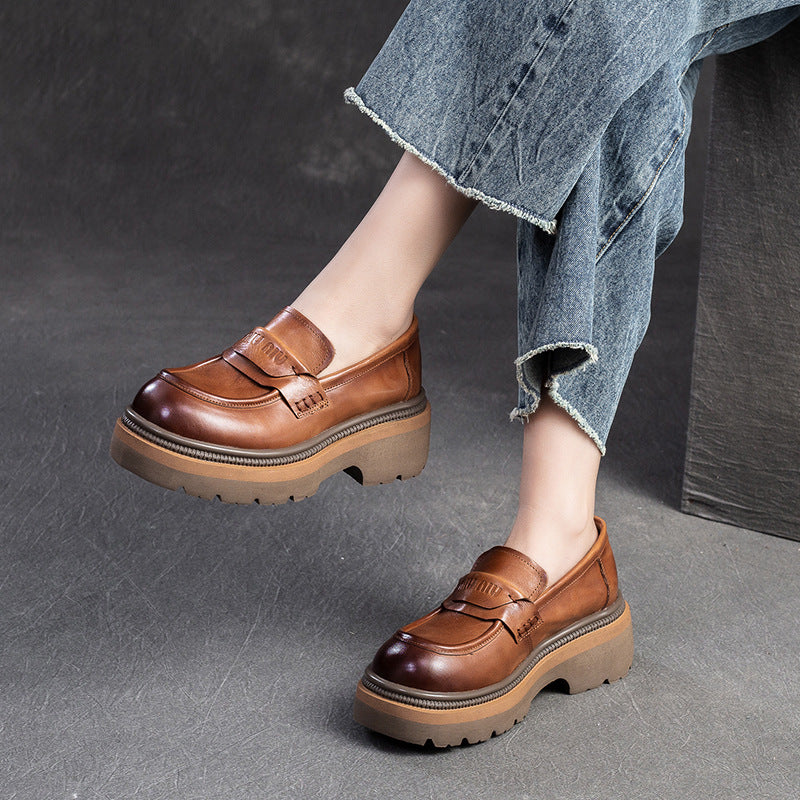 Women Retro Leather Thick Soled Casual Loafers Newgew Shoes