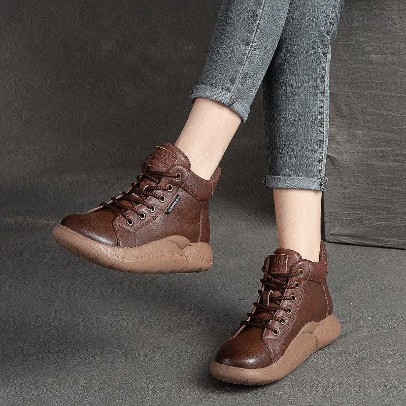 Women Lace-Up Casual Fashion Leather Flat Ankle Boots Newgew Shoes