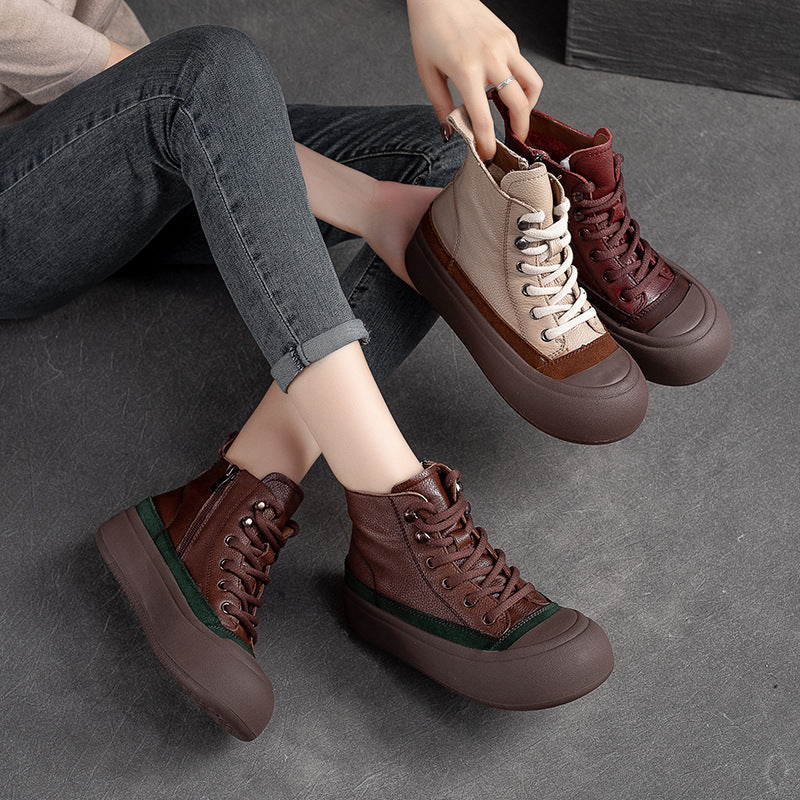 Women Retro Patchwork Leather Flat Casual Ankle Boots Newgew Shoes